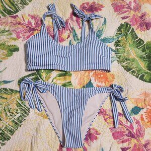 White and blue pinstriped bikini set w/ ties- Womes size XL